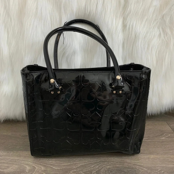 Kate Spade Quinn Embossed Ace Of Spades Tote Bag Black Patent Leather Satchel - Picture 6 of 11